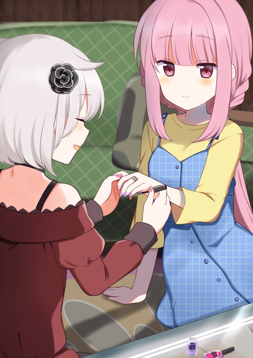 2girls alternate_costume applying_manicure azusa_mifuyu bare_shoulders blue_dress blunt_bangs closed_eyes closed_mouth commentary_request commission cosmetics couch dress fujishiro_emyu grey_hair hair_horns highres indoors jewelry long_hair long_sleeves magia_record:_mahou_shoujo_madoka_magica_gaiden mahou_shoujo_madoka_magica multiple_girls nail_polish nail_polish_bottle nail_polish_brush off_shoulder open_mouth painting_nails pinafore_dress pink_eyes pink_hair purple_nails red_sweater ring shirt short_hair sidelocks sitting skeb_commission sleeveless sleeveless_dress smile sweater table tamaki_iroha yellow_shirt