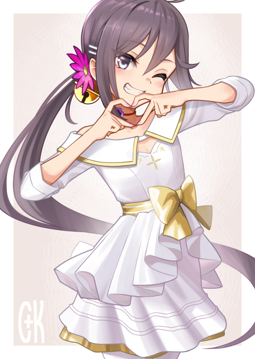 1girl akebono_(10th_anniversary)_(kancolle) akebono_(kancolle) bell blush bow choker dress flower grin hair_bell hair_between_eyes hair_flower hair_ornament hairclip heart heart_hands highres jingle_bell kantai_collection long_hair looking_at_viewer mizoki_kei one_eye_closed pink_flower purple_hair side_ponytail simple_background smile solo very_long_hair white_dress yellow_bow