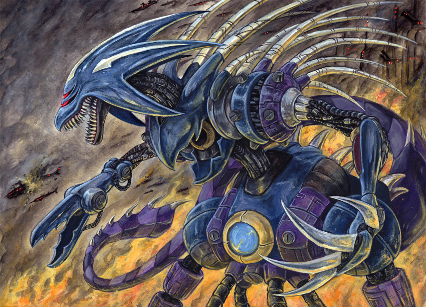 claws cloud dark_clouds dragon fire highres kaiju long_tail metal_overlord metal_sonic monster ravencorona red_eyes robot sega sharp_teeth sky sonic_(series) sonic_heroes tail teeth