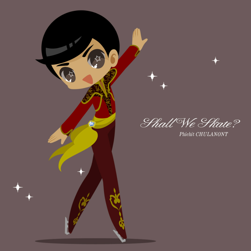 1boy :d black_hair bodysuit character_name dark_skin dark-skinned_male english_text grey_eyes highres ice_skates kaorin_minogue male_focus open_mouth phichit_chulanont sash skates smile sparkle star-shaped_pupils star_(symbol) symbol-shaped_pupils yuri!!!_on_ice