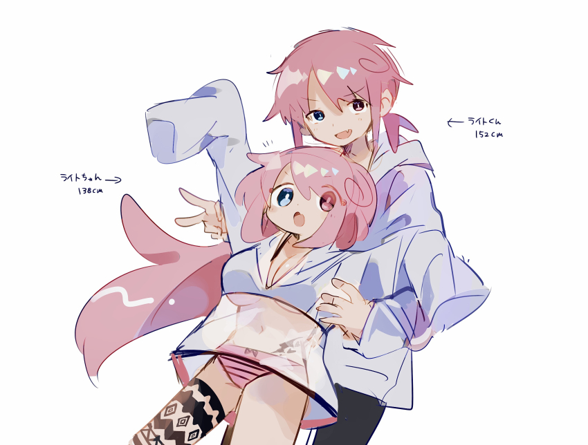 1boy 1girl black_panties black_pants black_stripes bow bow_panties breasts cleavage commentary_request cowboy_shot cowlick dual_persona eye_visible_through_hair fang genderswap genderswap_(mtf) happy highres hip_tattoo hood hoodie large_areolae large_breasts leaning leaning_on_person leg_tattoo long_hair long_sleeves looking_at_viewer medium_breasts navel open_mouth original panties pants peace pink_hair pink_panties ponytail raito-kun_(uenomigi) see-through_clothes see-through_hoodie sidelocks simple_background skin_fang smile stomach_tattoo tattoo tattoo_on_hip two-tone_panties uenomigi underboob underwear v white_background white_hoodie