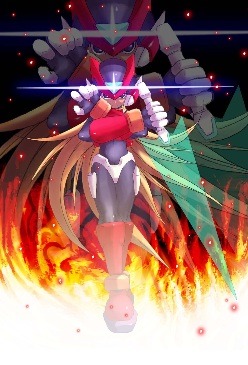 1boy android armor black_background black_eyes blonde_hair energy_sword fire forehead_jewel full_body helmet hi-go! highres holding holding_sword holding_weapon long_hair male_focus mega_man_(series) mega_man_day mega_man_zero_(series) red_armor red_helmet solo_focus sword weapon z_saber zero(z)_(mega_man) zero_(mega_man) zoom_layer