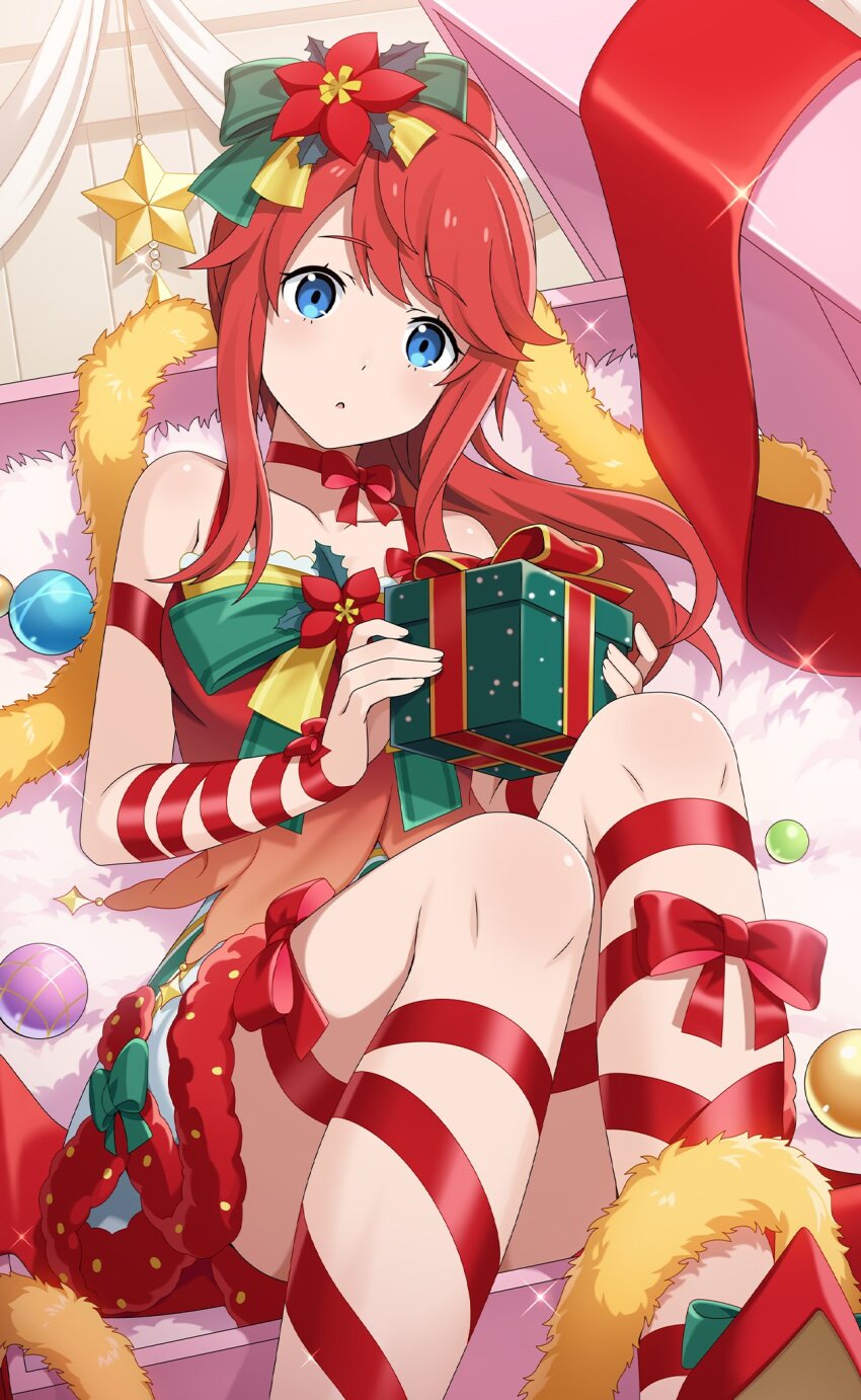 1girl anime_coloring bare_shoulders blue_eyes bound box christmas christmas_ornaments christmas_present earrings flower fur-trimmed_skirt fur_trim gift gift_box green_ribbon hair_flower hair_ornament hair_ribbon highres holding holding_box holding_gift in_box in_container jewelry long_hair neck_ribbon official_art open_mouth ponytail re:zero_kara_hajimeru_isekai_seikatsu re:zero_kara_hajimeru_isekai_seikatsu:_lost_in_memories red_hair red_ribbon ribbon ribbon_bondage santa_costume second-party_source sidelocks sitting skirt sparkle star_(symbol) theresia_van_astrea