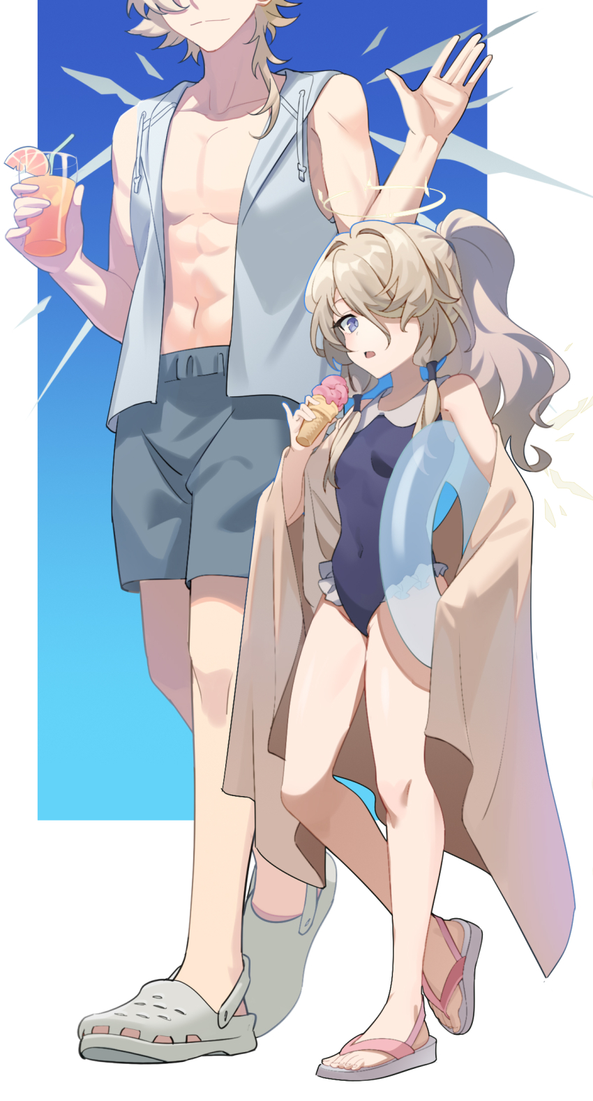 1boy 1girl arknights bare_arms bare_shoulders bendy_straw blue_eyes blue_one-piece_swimsuit breasts brown_hair casual_one-piece_swimsuit cecelia_(arknights) collared_one-piece_swimsuit commentary_request covered_navel crocs cup detached_wings drawstring drink drinking_glass drinking_straw enforcer_(arknights) food frilled_one-piece_swimsuit frills grey_jacket grey_male_swimwear grey_shoes grey_wings hair_intakes hair_over_one_eye halo head_out_of_frame height_difference highres holding holding_cup holding_food hood hood_down hooded_jacket ice_cream ice_cream_cone innertube jacket liang_chan_xing_make_tu long_hair male_swimwear navel one-piece_swimsuit open_clothes open_jacket parted_lips ponytail sandals shoes sleeveless sleeveless_jacket small_breasts swim_ring swim_trunks swimsuit white_sandals wings