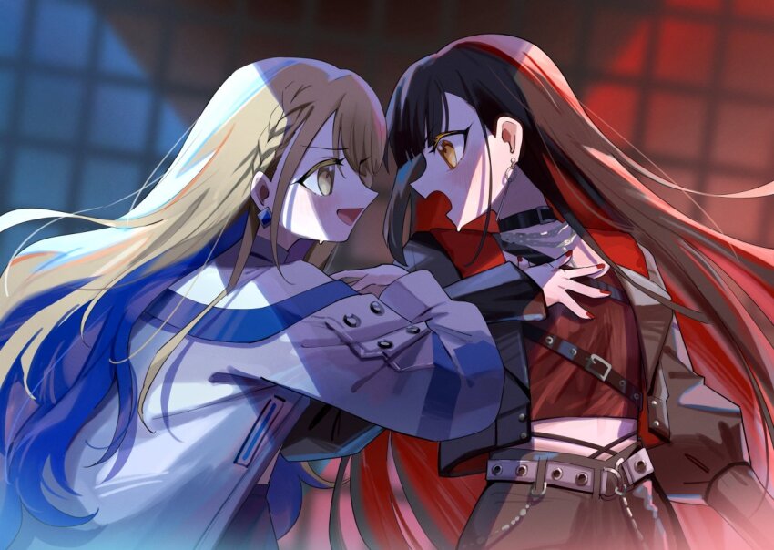 2girls azusawa_kohane belt black_choker black_hair black_jacket black_skirt blonde_hair blue_hair blush braid choker colored_inner_hair commentary eye_contact grey_belt hand_on_own_chest jacket long_hair long_sleeves looking_at_another midriff multicolored_hair multiple_girls nail_polish open_mouth project_sekai qi&#039;e_(penguin) red_hair red_nails red_shirt shiraishi_an shirt side_braid skirt streaked_hair sweat whip_the_wimp_girl!!_(project_sekai) white_jacket yellow_eyes