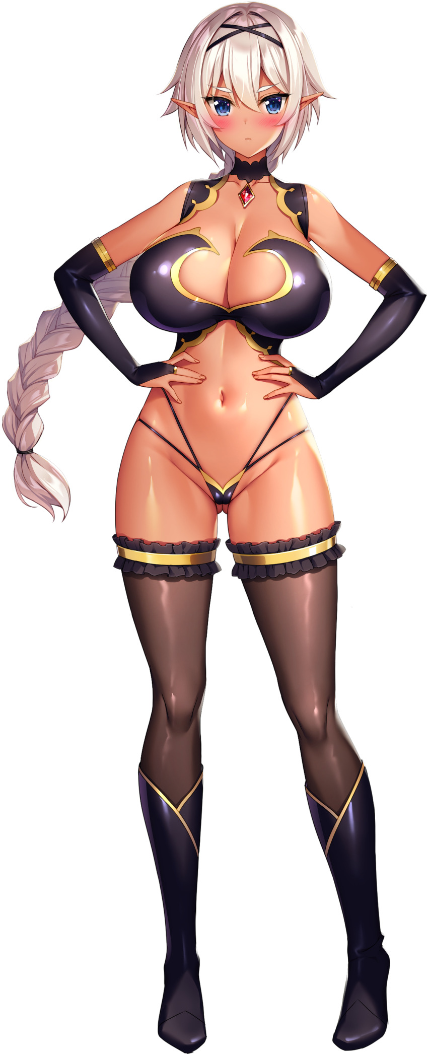1girl absurdres ankle_boots black_bodysuit black_bridal_gauntlets black_choker black_panties black_shoes black_thighhighs blue_eyes blush bodysuit boots braid braided_ponytail breasts bridal_gauntlets choker cleavage cleavage_cutout closed_mouth clothing_cutout dark-skinned_female dark_elf dark_skin derauea elf frown full_body game_cg gluteal_fold hair_ornament hands_on_own_hips high_heels highres huge_breasts long_hair long_pointy_ears looking_at_viewer milk_factory motto!_haramase!_honoo_no_oppai_chou_ero_appli_gakuen! navel non-web_source official_art panties pointy_ears shoes single_braid solo tachi-e thick_eyebrows thighhighs transparent_background underwear white_hair x_hair_ornament