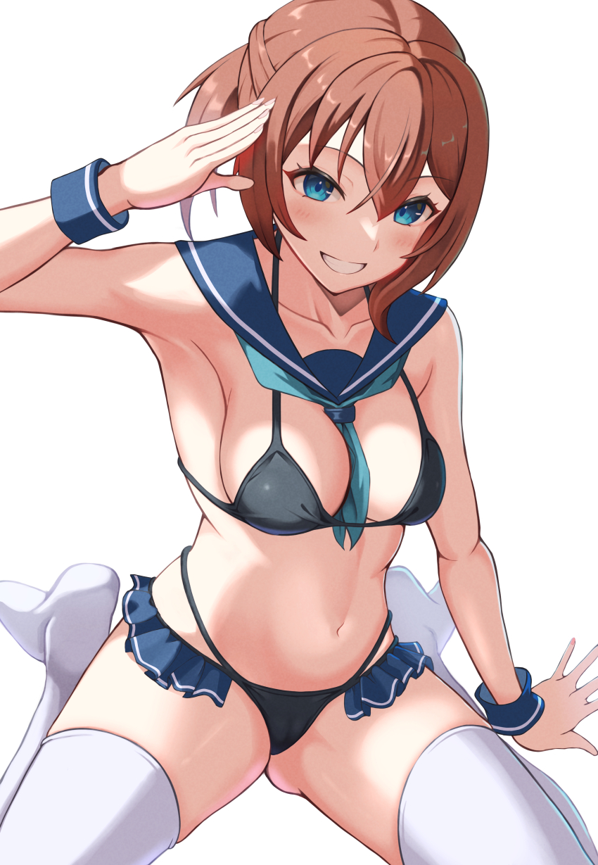 1girl absurdres arm_up armpits azur_lane bikini black_bikini blue_eyes blue_sailor_collar blush breasts brown_hair collarbone crossed_bangs grin hair_between_eyes hand_up highres looking_at_viewer medium_breasts navel neckerchief no_shoes repulse_(azur_lane) rizzy sailor_bikini sailor_collar salute short_hair simple_background sitting smile solo stomach swimsuit thighhighs wariza white_background white_thighhighs wrist_cuffs