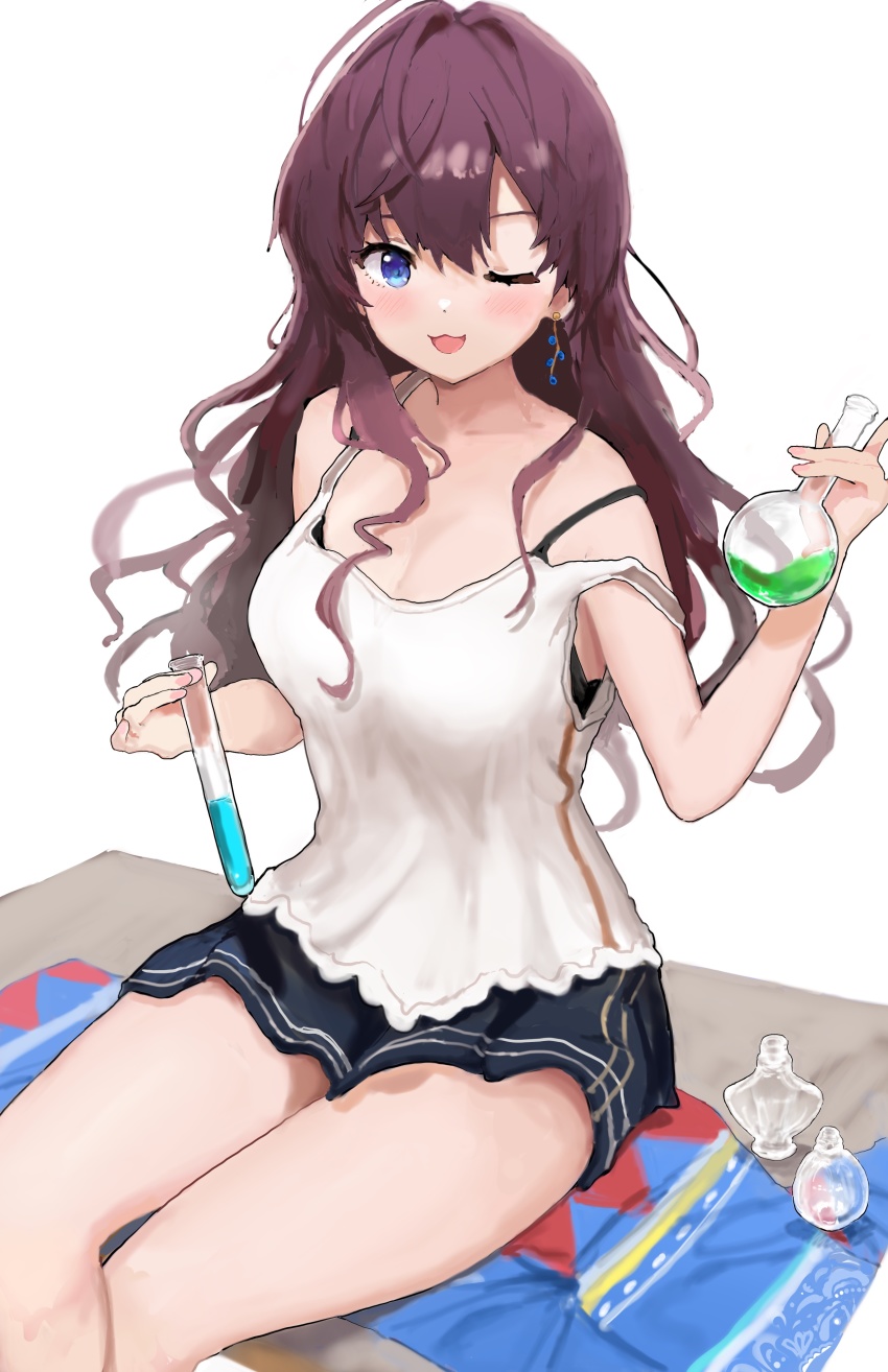 1girl :3 :d absurdres alternate_costume bare_arms bare_legs bare_shoulders blue_eyes blush brown_hair chemistry_set collarbone commentary earrings eyelashes forehead hair_between_eyes hair_over_shoulder highres hitodama_(madatohi) holding ichinose_shiki idolmaster idolmaster_cinderella_girls jewelry knees_out_of_frame long_bangs long_hair looking_at_viewer off_shoulder one_eye_closed open_mouth parted_bangs purple_hair shirt shorts simple_background sitting smile solo tube white_background white_shirt
