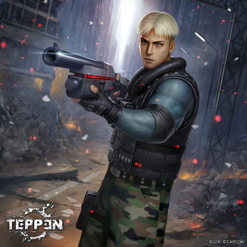 1boy blonde_hair blue_eyes building bulletproof_vest capcom city day destruction dino_crisis_2 dylan_morton fingerless_gloves gloves grey_eyes gun highres kuroiwa_enu military military_uniform muscular muscular_arms muscular_male official_art pump-action_shotgun rubble short_hair shotgun teppen weapon