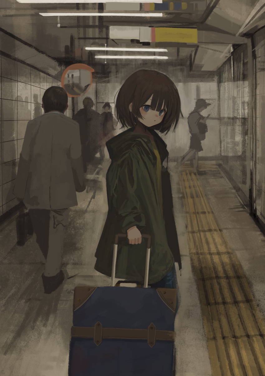 1girl absurdres brown_hair commentary eliot_(eokaitekaite969) highres jacket long_sleeves looking_at_viewer original people rolling_suitcase short_hair standing suitcase