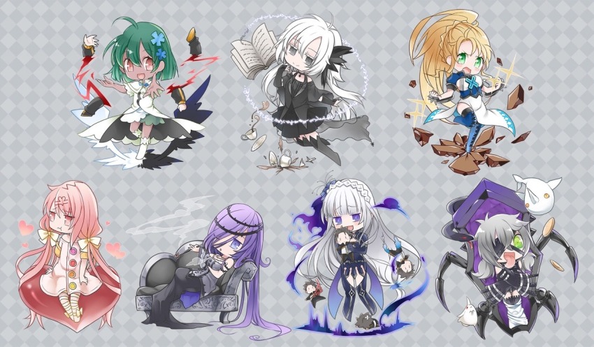 6+girls :d alternate_costume argyle_background backless_dress backless_outfit bare_shoulders black_dress black_eyes blonde_hair blood book bound braid breasts capelet carmilla_(re:zero) character_doll coffin colored_eyelashes crown_braid cup daphne_(re:zero) darkness doll dress drooling echidna_(re:zero) eyepatch green_eyes green_hair grey_hair hair_ornament hair_over_one_eye hakugei_(re:zero) heart horns inawa_akito kneehighs kurohebi_(re:zero) long_hair low_twintails minerva_(re:zero) multiple_girls natsuki_subaru oousagi_(re:zero) open_book open_mouth pink_eyes pink_hair purple_eyes purple_hair re:zero_kara_hajimeru_isekai_seikatsu reclining satella_(re:zero) sekhmet_(re:zero) severed_limb single_horn sitting smile smoking_pipe snake socks teacup thighhighs tongue tongue_out twintails typhon_(re:zero) white_capelet white_dress white_eyelashes white_hair