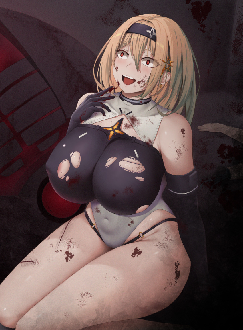1girl ashes_(artorios0603) bare_shoulders black_gloves black_hairband black_leotard black_panties blonde_hair blood blood_on_arm blood_on_clothes blood_on_face blood_on_hands blood_on_leg breasts commentary_request covered_collarbone covered_navel crazy_eyes crazy_smile cuts earrings elbow_gloves gloves goddess_of_victory:_nikke groin hair_between_eyes hair_ornament hairband hairclip highres impossible_clothes impossible_leotard injury jewelry large_breasts leotard medium_hair mole mole_on_breast multicolored_leotard o-ring o-ring_bottom o-ring_panties open_mouth panties panties_under_leotard rapture_(nikke) red_eyes red_shoes_(nikke) sidelocks sitting leotard smile solo teeth torn_clothes two-tone_leotard underwear upper_teeth_only white_leotard