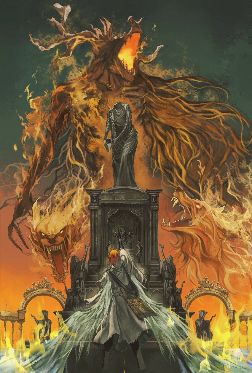 1boy 1other antlers black_gloves black_pants black_scarf bloodborne bucket cloak creature deer_antlers dress elbow_gloves facing_away fire gloves gradient_background green_background grey_cloak headless headless_statue highres holding holding_bucket horns laurence_the_first_vicar looking_at_object mature_male monster open_mouth orange_background orange_hair outstretched_arm pants roaring scarf short_hair single_glove statue werewolf wolf yujia0412