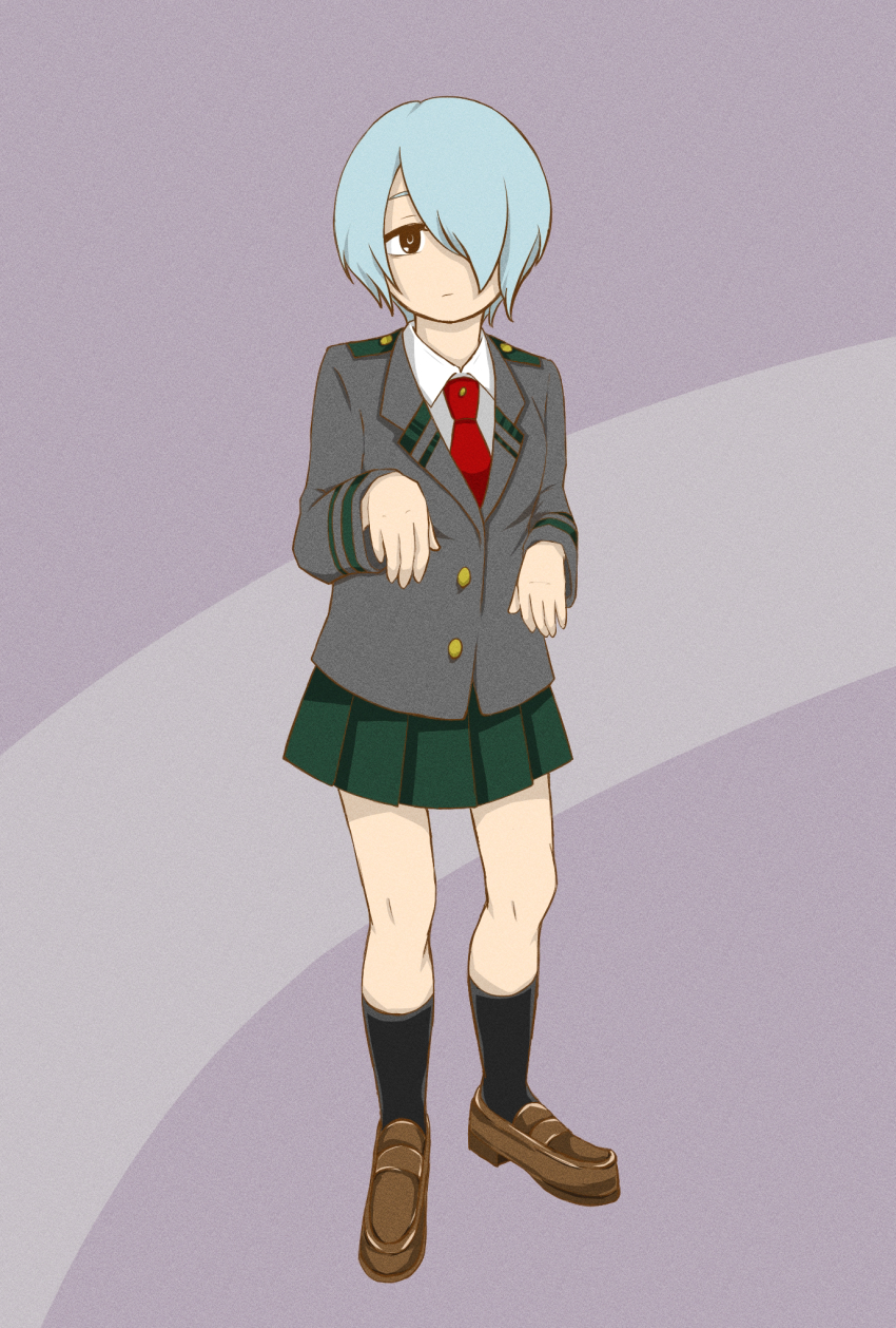 1girl artist_request asymmetrical_bangs boku_no_hero_academia breasts brown_footwear collared_shirt expressionless eyelashes female_focus fingernails full_body ghost_pose grey_eyes hair_over_one_eye hands_up highres jacket legs long_sleeves looking_at_viewer matching_hair/eyes medium_breasts medium_hair miniskirt neck necktie red_neckwear school_uniform shirt shoes sidelocks silver_hair simple_background skirt socks standing thighs yanagi_reiko
