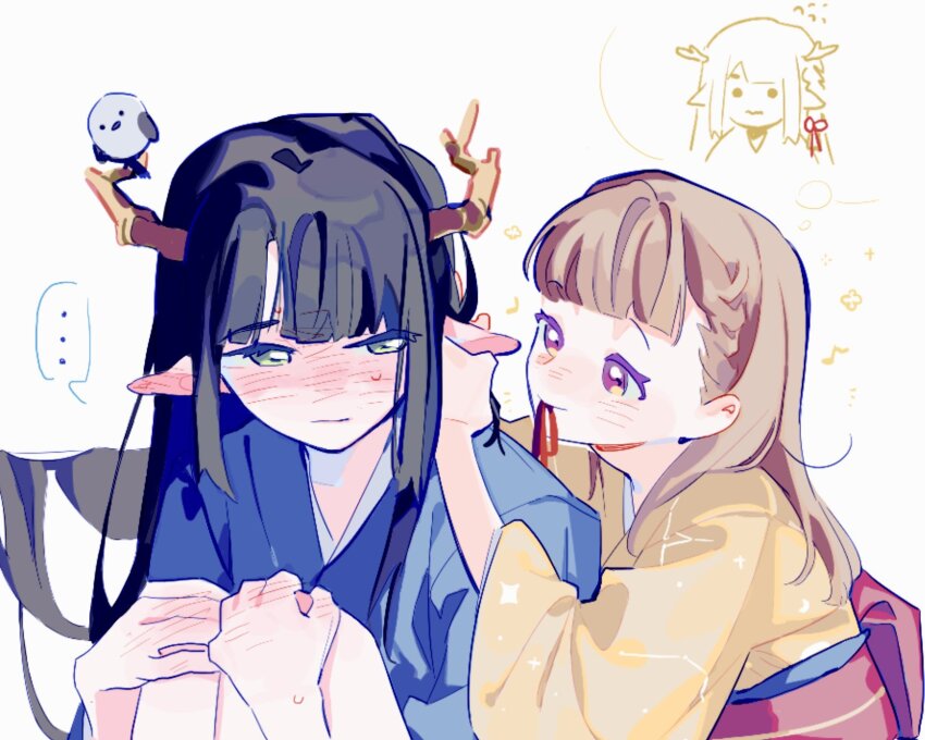 2girls alternate_hair_length alternate_hairstyle bird bird_on_horn blue_kimono blunt_bangs blush braid commentary constellation_print dragon_girl eastern_dragon_horns eighth_note english_commentary flower_symbol flying_sweatdrops green_eyes hair_flowing_over hair_over_wings hands_on_own_knees highres japanese_clothes kachimachi_kosuzu kimono knees_up link!_like!_love_live! long_hair long_sleeves looking_at_another love_live! momose_ginko monsterification mouth_hold multiple_girls musical_note nose_blush pink_eyes pipi_(m1x_mix) pointy_ears print_kimono red_ribbon ribbon ribbon_in_mouth side_braid sidelocks simple_background sitting speech_bubble sweatdrop thought_bubble tying_another&#039;s_hair upper_body very_long_hair virtual_youtuber white_background yellow_kimono yuri