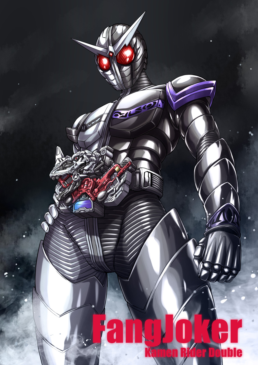 1boy absurdres armor black_armor character_name double_driver rider_belt english_text fish.boy hand_on_own_hip highres kamen_rider kamen_rider_double kamen_rider_double_(fangjoker) kamen_rider_w male_focus red_eyes rider_belt thigh_armor tokusatsu two-tone_bodysuit white_armor