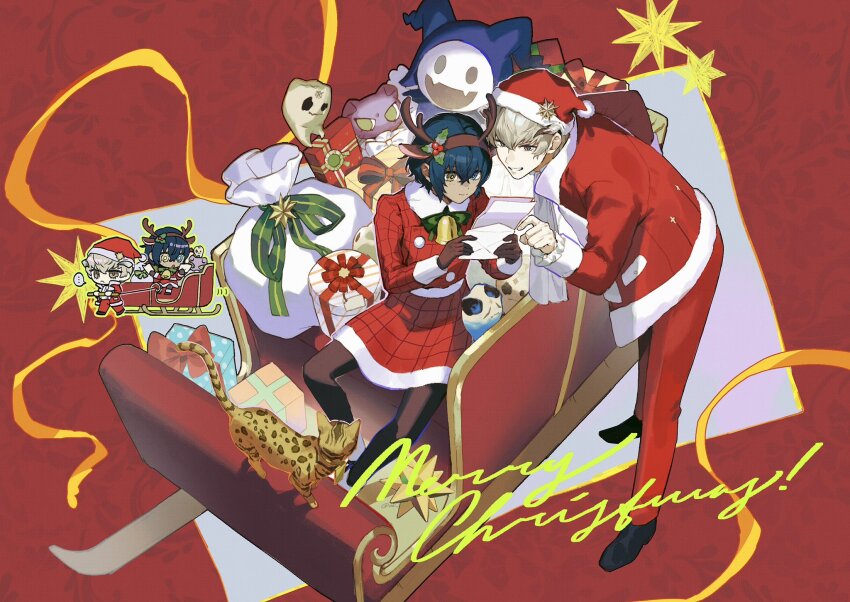 ... 2boys abi_07km animal_ears animalization antlers atlus azure_homo_tenta bell black_footwear black_pants blue_eyes blue_hair bow brown_gloves cat character_doll coat collared_coat commentary_request dark-skinned_male dark_blue_hair dark_skin deer_ears doll english_text fake_animal_ears fake_antlers fangs fidelio_(metaphor:_refantazio) folded_ear gift gloves green_eyes green_ribbon grey_eyes grey_hair hair_between_eyes hair_ornament hat heterochromia highres holding holding_letter holly_hair_ornament homo_tenta horns inset jack_frost_(megami_tensei) jitome leaning_forward letter male_focus merry_christmas metaphor:_refantazio multiple_boys neck_bell neck_ribbon open_mouth pants patterned_clothing plateau_(metaphor:_refantazio) pom_pom_(clothes) protagonist_(metaphor:_refantazio) purple_fur reading red_background red_pants red_ribbon reindeer_antlers ribbon sack santa_costume santa_hat sitting sleeve_cuffs sleigh smile speech_bubble spoken_ellipsis spotted_fur star_(symbol) strohl_(metaphor:_refantazio) tooth white_bow yellow_eyes
