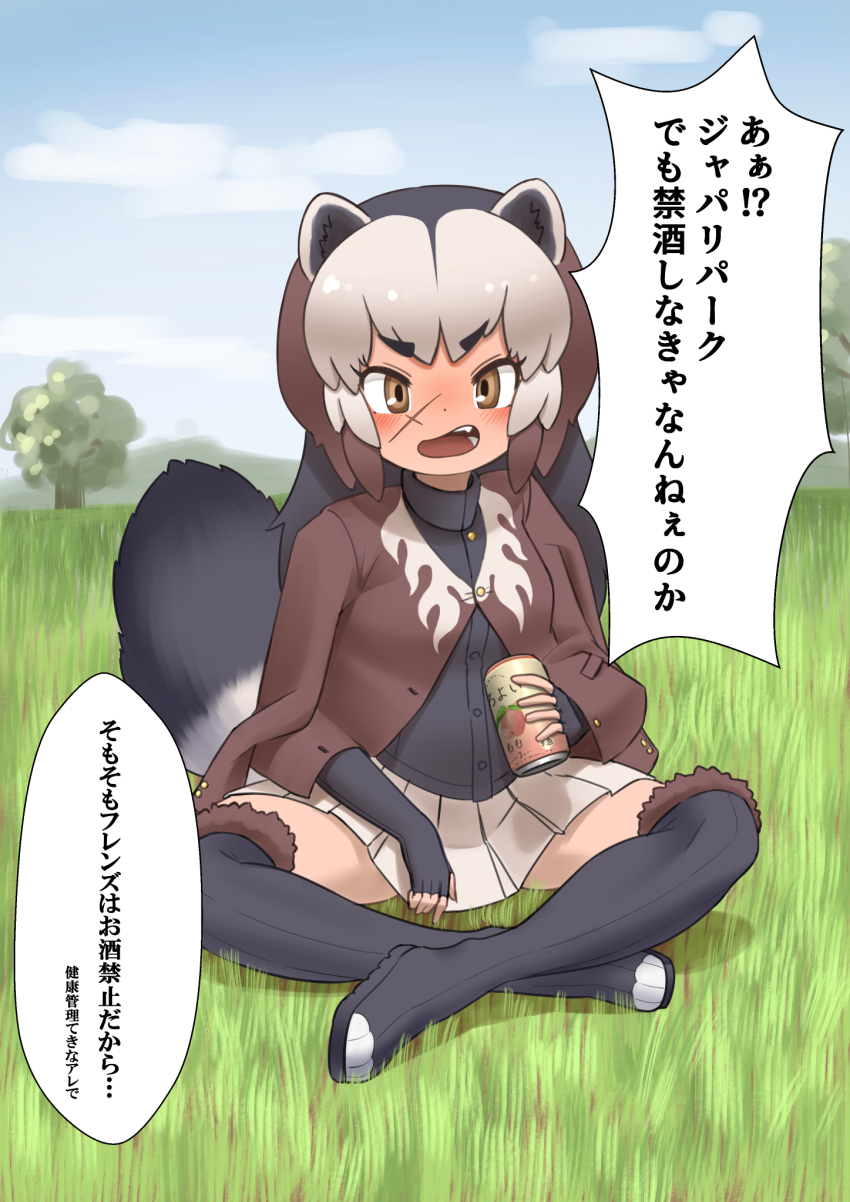 1girl animal_ears arm_rest badger_ears badger_tail black_hair blush boots brown_eyes brown_hair buttons can commentary_request commission day dress_shirt elbow_gloves facial_scar fingerless_gloves fur-trimmed_boots fur_trim gloves grass grey_hair highres holding holding_can jacket jacket_on_shoulders kemono_friends knee_boots long_hair looking_at_viewer miniskirt multicolored_hair okome_kogashi on_grass on_ground open_mouth outdoors partially_unbuttoned pleated_skirt scar scar_on_cheek scar_on_face shirt shouting skirt solo tail tan thighhighs translation_request wolverine_(kemono_friends) zettai_ryouiki