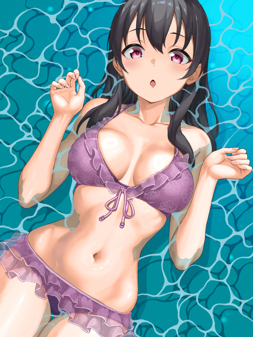1girl :o absurdres aqua_background bikini black_hair breasts collarbone commentary_request cowboy_shot fascinate_kyrie frilled_bikini frills front-tie_bikini_top front-tie_top fujiwara_hajime highres idolmaster idolmaster_cinderella_girls long_hair lying medium_breasts navel on_back partially_submerged pink_eyes purple_bikini solo stomach swimsuit water
