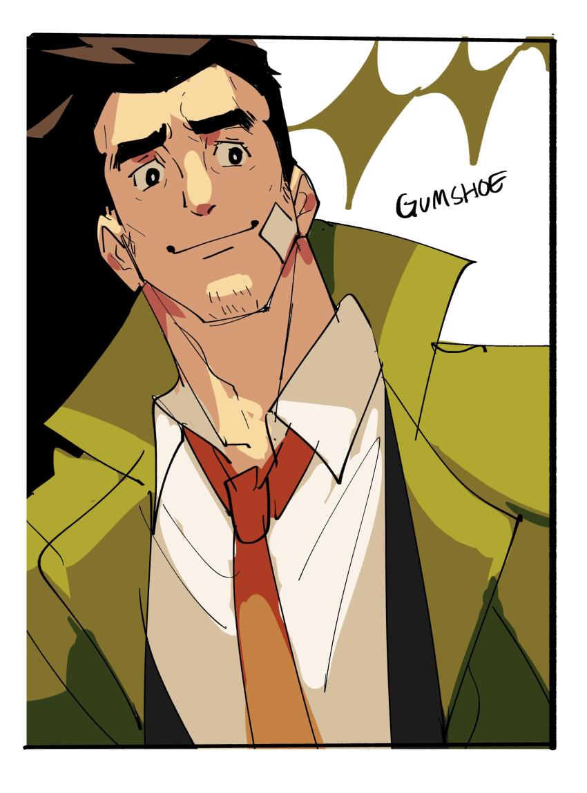 1boy absurdres ace_attorney bandage_on_face bandages border character_name coat collared_shirt dick_gumshoe facial_hair goatee_stubble green_coat highres kendy_(revolocities) male_focus mature_male necktie red_necktie shirt short_hair smile solo stubble thick_eyebrows white_border
