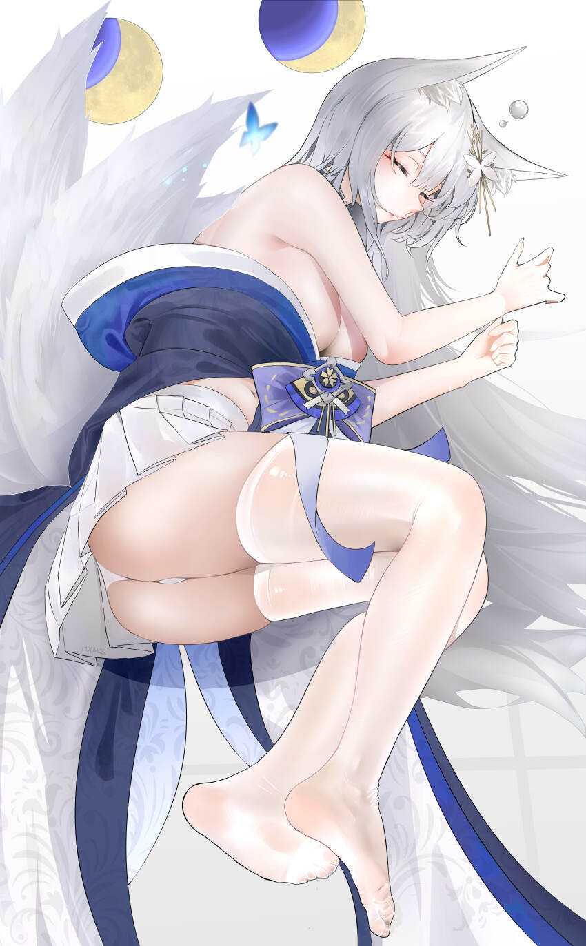 1girl absurdres animal_ear_fluff animal_ears ass azur_lane bare_shoulders blue_kimono blush breasts cleavage fox_ears fox_girl fox_tail grey_hair hair_ornament highres japanese_clothes kimono kitsune large_breasts large_tail long_hair moon_phases multiple_tails no_shoes see-through_clothes see-through_legwear shinano_(azur_lane) skirt_under_kimono sleeping sleeveless soles solo tail thighhighs very_long_hair white_tail white_thighhighs zhemuxuanhua