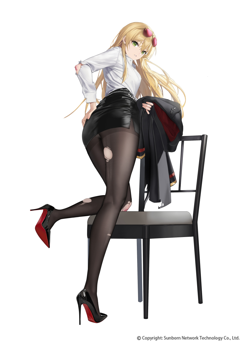 1girl abab_xiaxia absurdres ass black_jacket black_pantyhose black_shoes black_skirt blonde_hair breasts chair commentary company_name copyright_notice earrings eyewear_on_head from_behind full_body girls&#039;_frontline green_eyes hair_between_eyes hand_on_own_ass high_heels highres holding holding_jacket holding_unworn_clothes jacket jewelry large_breasts long_hair long_sleeves looking_at_viewer looking_back office_lady official_alternate_costume official_art on_chair panties pantyhose pantyshot paperclip parted_lips patent_heels pencil_skirt pumps red-tinted_eyewear red_soles reichsadler scrape scraped_knee shirt shoe_soles shoes side_slit simple_background skirt solo standing standing_on_one_leg stg44_(detective&#039;s_sidekick)_(girls&#039;_frontline) stg44_(girls&#039;_frontline) stiletto_heels sunglasses tinted_eyewear torn_clothes torn_pantyhose torn_shirt underwear unworn_jacket very_long_hair white_background white_shirt