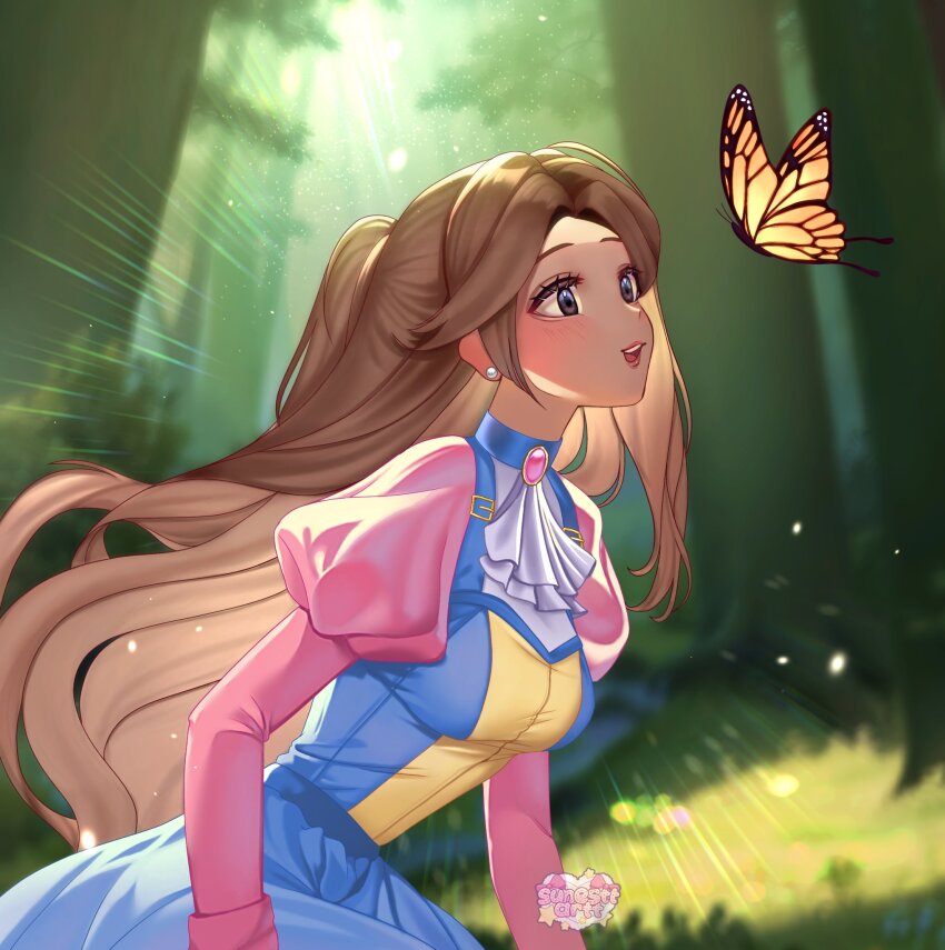 1girl :d aegyo_sal art_trade ascot black_eyes blue_dress blush breasts brown_hair bug butterfly commentary cowboy_shot curtained_hair dark-skinned_female dark_skin dress earrings english_commentary grass highres insect jewelry juliet_sleeves leaning_forward light_particles long_hair long_sleeves looking_at_animal open_mouth orange_butterfly outdoors pink_brooch pink_shirt player_character_(roblox) ponytail puffy_sleeves red_lips roblox royale_high shirt silver_earrings sitting sleeveless sleeveless_dress small_breasts smile solo spotlight suna_(sunesttartt) sunlight teeth tongue tree twitter_username upper_teeth_only very_long_hair watermark white_ascot