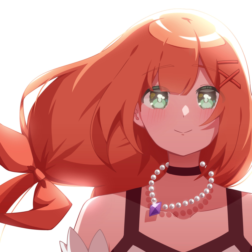1girl absurdres armpit_crease bare_shoulders black_choker blunt_bangs blush choker closed_mouth collarbone detached_sleeves dress floating_hair gem green_eyes hair_between_eyes hair_ornament hair_ribbon highres jewelry kingdom_hearts kingdom_hearts_x long_hair looking_at_viewer low_twintails necklace orange_hair purple_gemstone ribbon smile solo strelitzia_(kingdom_hearts) twintails upper_body very_long_hair w3n6ev white_background white_dress x_hair_ornament