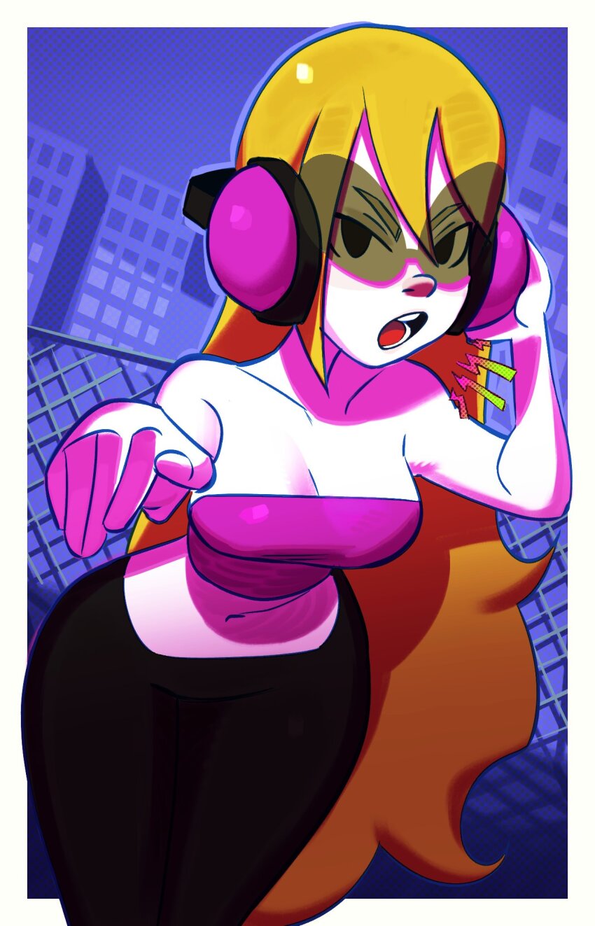 1girl arm_up black_pants border breasts building cleavage colored_shadow cowboy_shot curvy fattcactus fence headphones highres long_hair looking_at_viewer midriff minna_no_rhythm_tengoku navel open_mouth pants reaching reaching_towards_viewer rhythm_tengoku shadow so&#039;ra solo sunglasses v-shaped_eyebrows very_long_hair white_border wide_hips window