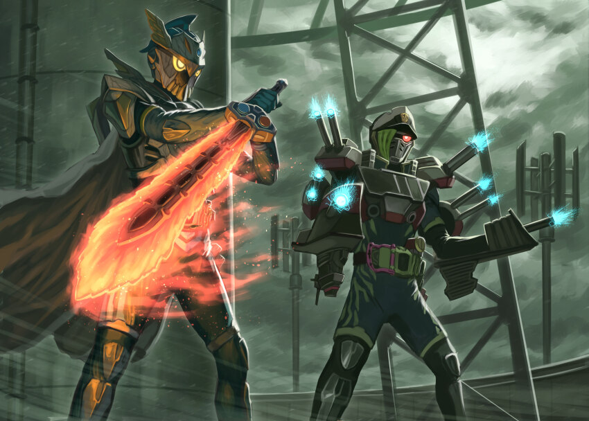 2boys armor bang_bang_simulations_level_50 belt cannon cape commentary commentary_request dual_rider_gashat gamer_driver hat helmet heterochromia highres holding holding_sword holding_weapon kamen_rider kamen_rider_brave kamen_rider_ex-aid_(series) kamen_rider_snipe male_focus military military_uniform multiple_boys naval_uniform peaked_cap photoshop_(medium) red_eyes reverse_grip rider_belt rider_gashat sennsu solo sword taddle_fantasy_level_50 tokusatsu turret weapon yellow_eyes