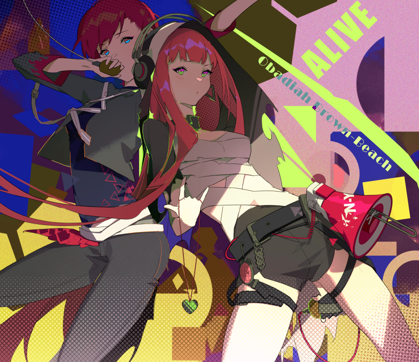 2girls \m/ absurdres arknights aya_(arknights) bandages character_request commentary cytus cytus_ii english_commentary english_text headphones heart heart_necklace highres horn_speaker jewelry long_hair multiple_girls mumu53 necklace red_hair shaka_sign shorts