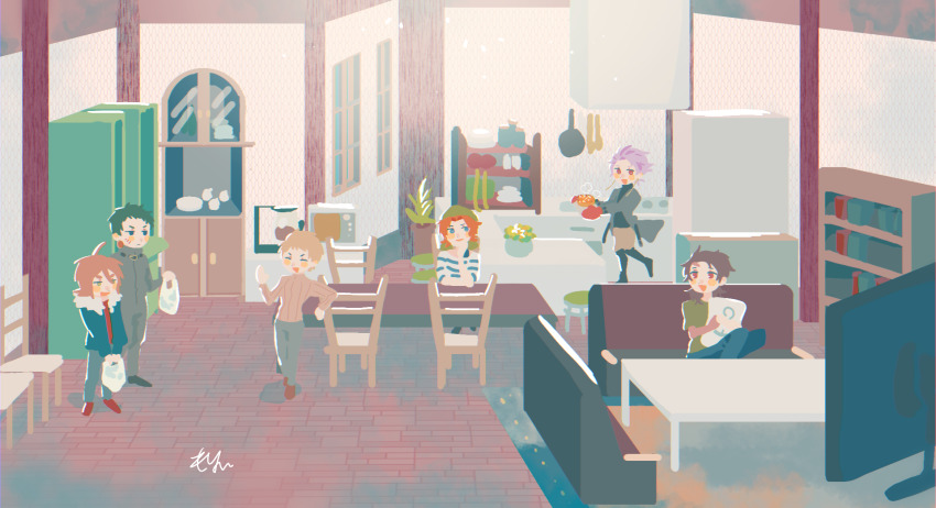 1girl 5boys annie_(saibou_shinkyoku) atou_haruki bag black_boots black_shirt black_shoes blue_eyes blue_jacket blue_pants bookshelf boots brown_hair brown_pants brown_sweater chair chromatic_aberration closed_eyes closed_mouth coat commentary_request couch dreyfus_zweig fur-trimmed_jacket fur_trim green_eyes green_hair green_shirt grey_coat grey_jacket grey_pants hair_between_eyes harada_minoru highres holding holding_bag in-universe_location indoors isoi_reiji jacket long_sleeves male_focus medium_hair multiple_boys nazuremi no_jacket no_lineart on_chair on_couch open_clothes open_coat open_jacket open_mouth orange_hair oven_mitts pants parted_bangs pink_hair plastic_bag red_eyes red_shirt ribbed_sweater saibou_shinkyoku sanpaku scar scar_on_face scar_on_forehead shirt shoes short_hair short_sleeves signature sitting smile sweater theodore_riddle turtleneck turtleneck_sweater white_shirt