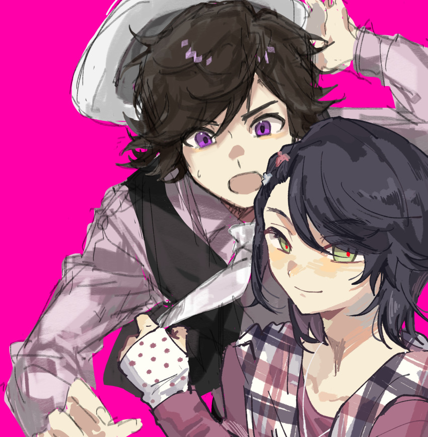 2boys black_hair black_vest brown_hair chinese_commentary closed_mouth clothes_grab commentary_request gouzhiyi green_eyes hand_on_headwear hat hidari_shoutarou highres jacket kamen_rider kamen_rider_w long_sleeves male_focus multiple_boys necktie necktie_grab neckwear_grab open_clothes open_jacket open_mouth philip_(kamen_rider) pink_background pink_shirt purple_jacket purple_shirt red_pupils shirt short_hair sketch smile swept_bangs v-shaped_eyebrows vest white_hat white_necktie