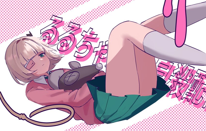 1girl bandaged_head bandages black_horns blonde_hair blunt_bangs cellphone collared_shirt e2ze2 eyepatch green_eyes green_neckerchief green_skirt half-closed_eye highres horns hugging_object kneehighs long_sleeves looking_at_viewer lying neckerchief noose on_back phone phone_eyepatch pink_sweater pleated_skirt puffy_sleeves ruru_(shinsei_kamattechan) shinsei_kamattechan shirt short_hair single_horn skirt socks solo stuffed_animal stuffed_mouse stuffed_toy sweater thick_thighs thighs white_shirt white_socks