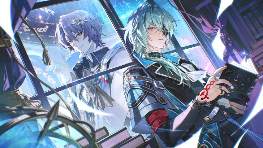 2boys anaxa_(honkai:_star_rail) black_capelet black_gloves blue_eyes book book_stack bookshelf capelet cleavage_cutout clothing_cutout commentary dal_li_0130 dr._ratio_(honkai:_star_rail) earrings english_commentary eyepatch fingerless_gloves gauntlets gloves green_hair hand_tattoo highres holding holding_book honkai:_star_rail honkai_(series) jewelry laurel_crown long_hair looking_at_viewer male_focus multicolored_eyes multiple_boys partially_fingerless_gloves pink_eyes ponytail purple_hair red_eyes robe short_hair single_earring smile tattoo thinking trait_connection two-tone_eyes white_robe window