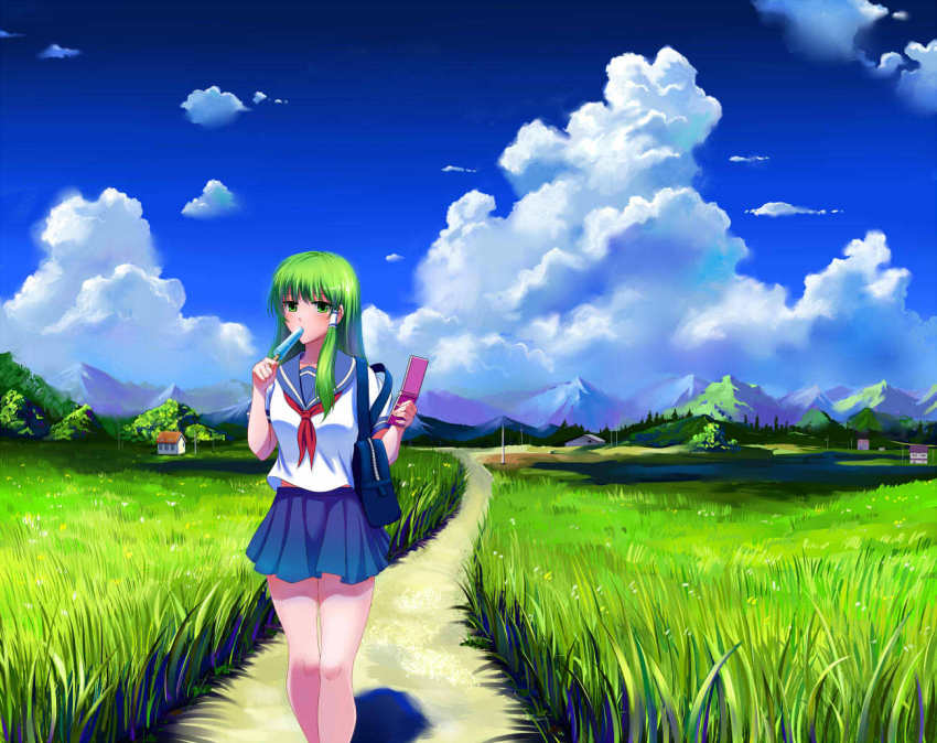 1girl alternate_costume cellphone female_focus food green_eyes green_hair jpeg_artifacts kochiya_sanae matching_hair/eyes nature outdoors phone plant popsicle scenery school_uniform serafuku skirt sky solo summer thighs touhou walking windtalker