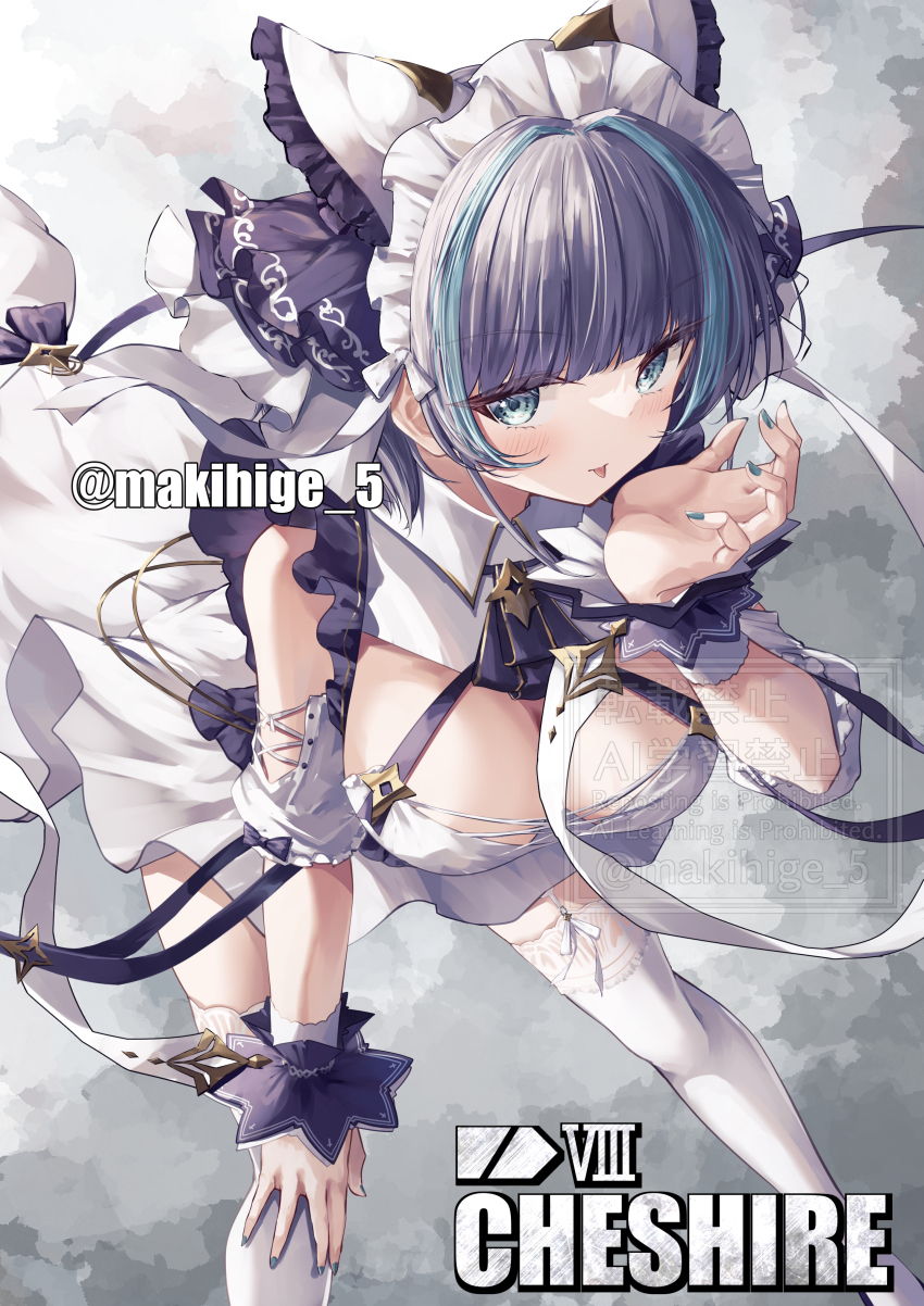 1girl absurdres animal_band animal_ears apron aqua_eyes arm_garter azur_lane black_hair blue_nails blush breasts character_name cheshire_(azur_lane) cleavage cowboy_shot detached_sleeves dress fake_animal_ears frilled_hairband frilled_ribbon frills garter_straps hairband highres large_breasts long_ribbon looking_at_viewer maid_headdress makihige multicolored_hair nail_polish puffy_detached_sleeves puffy_sleeves purple_apron ribbon smile smokescreen solo streaked_hair thighhighs twitter_username white_garter_straps white_thighhighs world_of_warships wrist_cuffs