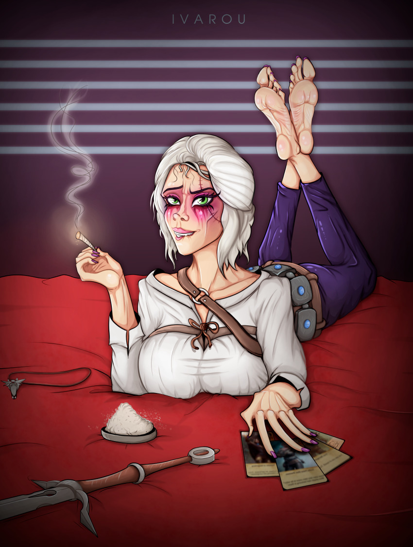 1girl absurdres bad_source barefoot breasts cigarette ciri crossover feet gwent_(game) highres holding holding_cigarette ivarou lying on_stomach pulp_fiction soles solo teasing the_pose the_witcher_(series) witch