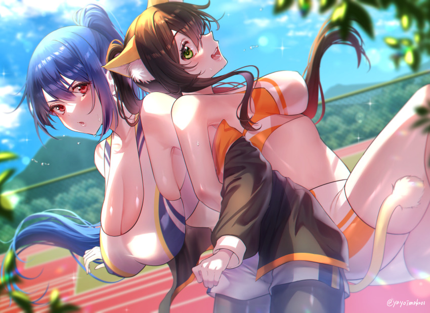 2girls absurdres animal_ear_fluff animal_ears armpit_crease assisted_stretching back-to-back bare_shoulders bike_shorts black_jacket blue_bra blue_hair blue_shorts blue_sky blue_sports_bra bra breasts brown_hair cat_ears cat_tail cleavage cloud commentary commission fence floating_hair flying_sweatdrops from_side green_eyes hair_between_eyes hair_floating_upwards high_ponytail highres jacket large_breasts leaf leg_up locked_arms long_hair looking_at_another medium_breasts mountain mountainous_horizon multicolored_bra multicolored_shorts multicolored_sports_bra multiple_girls off-shoulder_jacket off_shoulder open_mouth orange_bra orange_shorts orange_sports_bra orange_trim original pantyhose pantyhose_under_shorts parted_lips ponytail red_eyes shorts sideboob sidelocks skeb_commission sky sports_bra stretching sweat tail teeth track_and_field tree underwear very_long_hair white_bra white_shorts white_sports_bra yayoi_maka