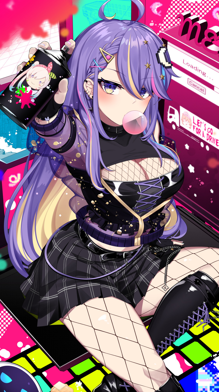 1girl absurdres ahoge airani_iofifteen akagi_(sk0127aho) black_boots black_bustier black_gloves black_shirt black_skirt blonde_hair blowing_bubbles boots braid braided_bangs breasts bustier chewing_gum cleavage colored_inner_hair crescent crescent_hair_ornament crop_top cropped_jacket cropped_shirt cross-laced_clothes cross-laced_top crossed_legs ear_piercing earclip earrings fingerless_gloves fishnet_pantyhose fishnet_top fishnets gloves gradient_eyes hair_ornament hairclip highres hololive hololive_indonesia hoop_earrings jacket jewelry jitome knee_boots lace-up_boots large_breasts long_hair looking_at_viewer miniskirt moona_hoshinova moona_hoshinova_(punk_rock) multicolored_eyes multicolored_hair multiple_earrings official_alternate_costume official_alternate_hairstyle pantyhose piercing plaid_clothes plaid_skirt pleated_skirt purple_eyes purple_hair purple_jacket see-through_cleavage see-through_clothes see-through_jacket see-through_silhouette shirt sitting skirt solo spray_can star_(symbol) star_earrings star_hair_ornament starry_hair tsurime two-tone_hair virtual_youtuber yellow_eyes