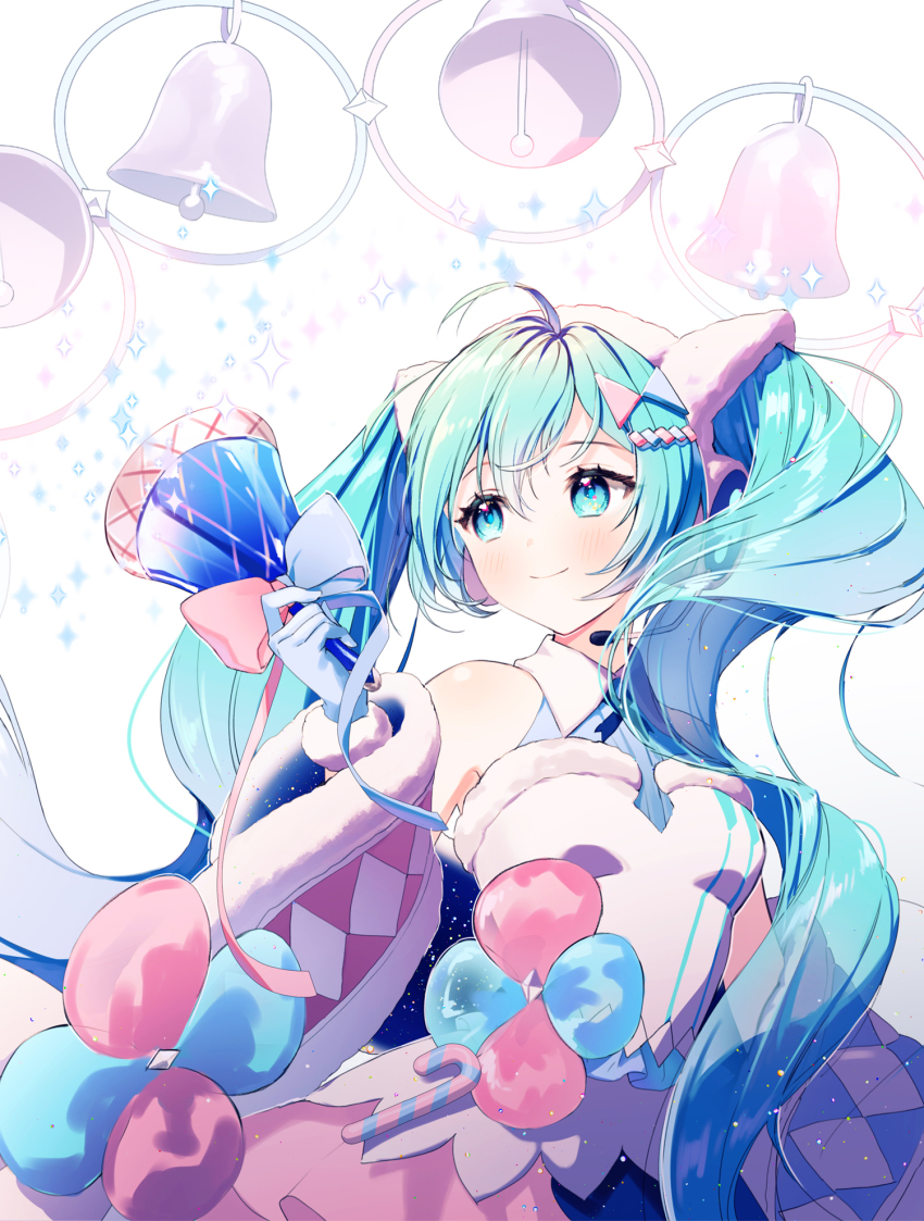1girl ahoge bell blue_eyes blue_gloves blue_hair closed_mouth gloves hatsune_miku highres holding long_hair looking_away looking_to_the_side magical_mirai_miku magical_mirai_miku_(2020_winter) rumi_(rarumi11) smile solo twintails vocaloid