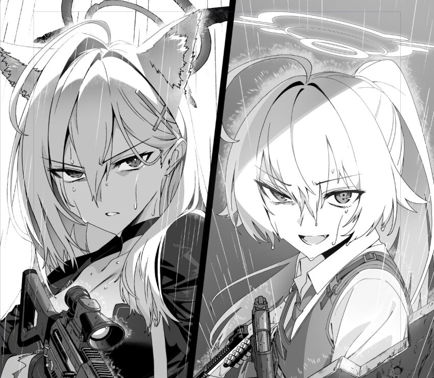 2girls animal_ear_fluff animal_ears assault_rifle black_choker black_dress black_halo blew_andwhite blue_archive bulletproof_vest choker cross cross_hair_ornament dark_halo dress extra_ears gun hair_ornament halo handgun hoshino_(armed)_(blue_archive) hoshino_(blue_archive) inverted_cross mismatched_pupils multiple_girls rifle shiroko_(blue_archive) shiroko_terror_(blue_archive) sig_sauer sig_sauer_556 weapon wolf_ears wolf_girl