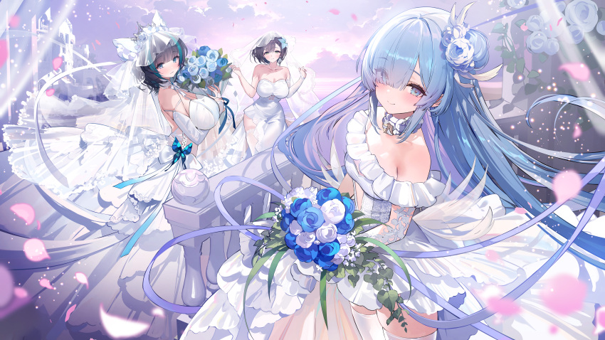 3girls absurdres animal_ears artist_request azur_lane baltimore_(azur_lane) baltimore_(when_the_breeze_blows)_(azur_lane) bare_shoulders black_hair blue_eyes blue_flower blue_hair bouquet breasts bridal_veil cat_ears cheshire_(azur_lane) cheshire_(white_seaside_melody)_(azur_lane) chinese_commentary cloud commentary_request dress fake_animal_ears fingernails flower green_eyes hair_bun highres holding holding_bouquet janus_(azur_lane) janus_(oath_under_the_morning_sun)_(azur_lane) looking_at_viewer multiple_girls off-shoulder_dress off_shoulder official_alternate_costume official_art pink_petals second-party_source sky smile thighhighs veil wedding_dress white_dress white_flower white_thighhighs white_veil