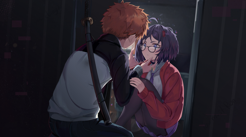 1boy 1girl absurdres black-framed_eyewear black_jacket blue_necktie blush breasts cardigan claw_hair_clip color_connection crying crying_with_eyes_open dress emiya_shirou fate/stay_night fate_(series) flower_hairtie hair_ornament hairband hetero highres holding igote in-franchise_crossover jacket katana long_sleeves mila_(miside) miside mita_(miside) necktie open_cardigan open_clothes open_mouth orange_hair pajamas promo_poster purple_eyes purple_hair raglan_sleeves red_cardigan red_hairband red_pajamas red_sweater sheath shirt shokobr short_hair simple_background skirt sweater sword sword_on_back tears weapon weapon_on_back white_jacket