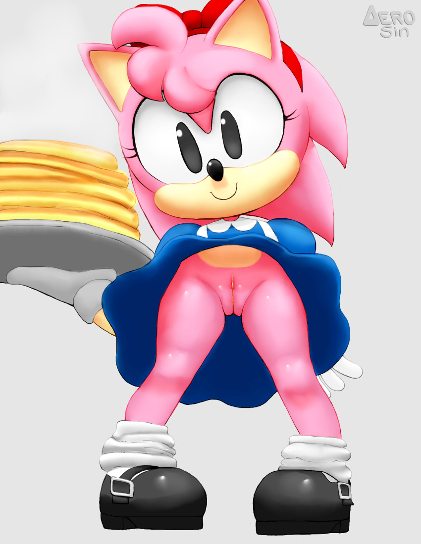 1girl aerosin amy_rose animal animal_ears black_eyes black_shoes blue_dress bow classic_amy_rose dress food furry gloves grey_background hair_bow hairband hedgehog hedgehog_girl highres holding holding_plate loli loose_socks mary_janes no_panties pancake pancake_stack pink_fur plate puffy_sleeves pussy red_bow sega shoes short_sleeves skirt smile socks sonic_(series) upskirt white_gloves white_socks