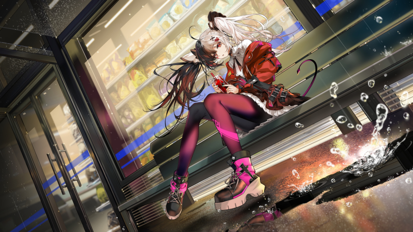 1girl ahoge arlizi black_hair boots collar collared_shirt commentary_request cup demon_tail frilled_skirt frills full_body hair_ornament highres holding holding_cup jacket lace-up_boots lacrimosa_(neverness_to_everness) leggings long_sleeves multicolored_hair multicolored_nails neck_ribbon neverness_to_everness off_shoulder outdoors puddle red_eyes ribbon shirt shop sitting skirt solo split-color_hair tail twintails water_drop white_hair window x_hair_ornament