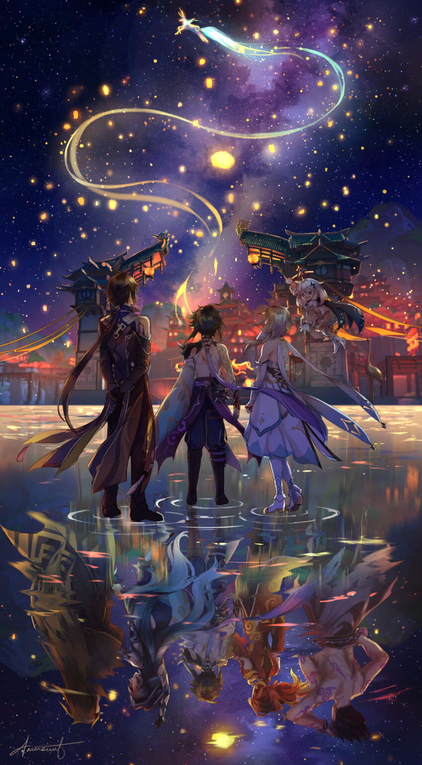 4nimenut bonanus_(genshin_impact) bosacius_(genshin_impact) building dragon full_body genshin_impact highres indarias_(genshin_impact) lumine_(genshin_impact) menogias_(genshin_impact) moon multiple_boys multiple_girls night paimon_(genshin_impact) pointing reflection signature skybracer_(genshin_impact) source_request standing standing_on_liquid star_(sky) tattoo water xiao_(genshin_impact) zhongli_(genshin_impact)