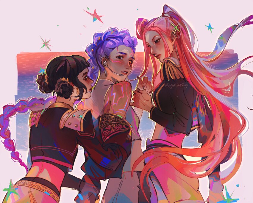 3girls absurdres alternate_costume back bare_shoulders black_hair blush body_markings braid brown_eyes closed_mouth commentary crop_top cropped_jacket double_bun earrings english_commentary flat_chest friends from_behind from_side gabe_(gabeirg) gradient_background group_sex hair_bun hair_flowing_over hair_up hand_on_another&#039;s_wrist heterochromia highres jewelry kpop_demon_hunters leaning_forward long_braid long_hair long_sleeves looking_at_another looking_at_viewer looking_down looking_to_the_side looking_up mira_(kpop_demon_hunters) multiple_girls nose_blush off_shoulder parted_lips pink_lips purple_hair red_hair red_lips rumi_(kpop_demon_hunters) shade short_bangs single_braid skirt standing tan threesome twintails upper_body yuri zoey_(kpop_demon_hunters)