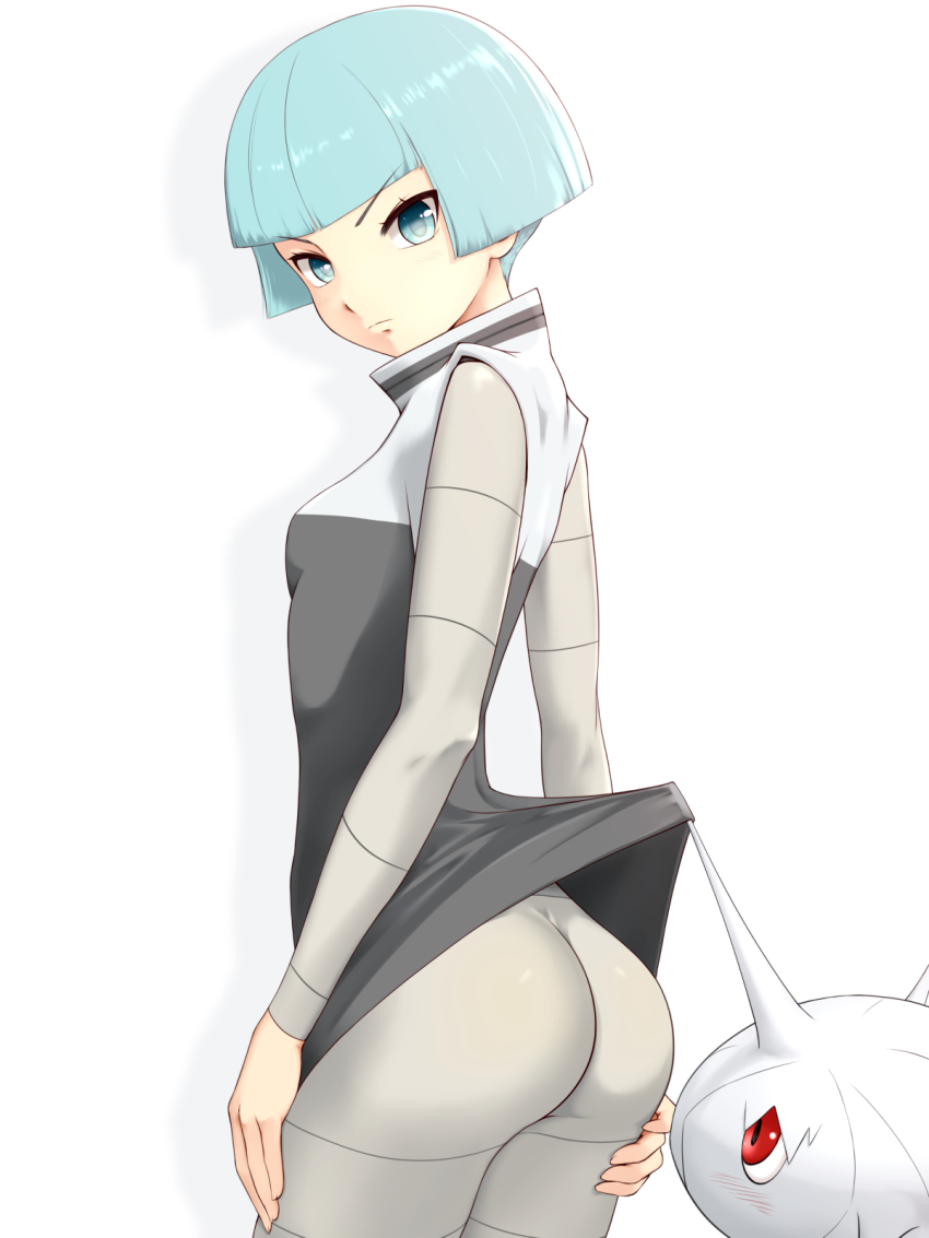 1girl ass blue_eyes blue_hair breasts cascoon clothes_lift comugico female_focus gen_3_pokemon highres looking_at_viewer nintendo pokemon pokemon_(creature) pokemon_dppt red_eyes shiny_clothes short_hair sideboob skirt skirt_lift small_breasts solo team_galactic team_galactic_grunt