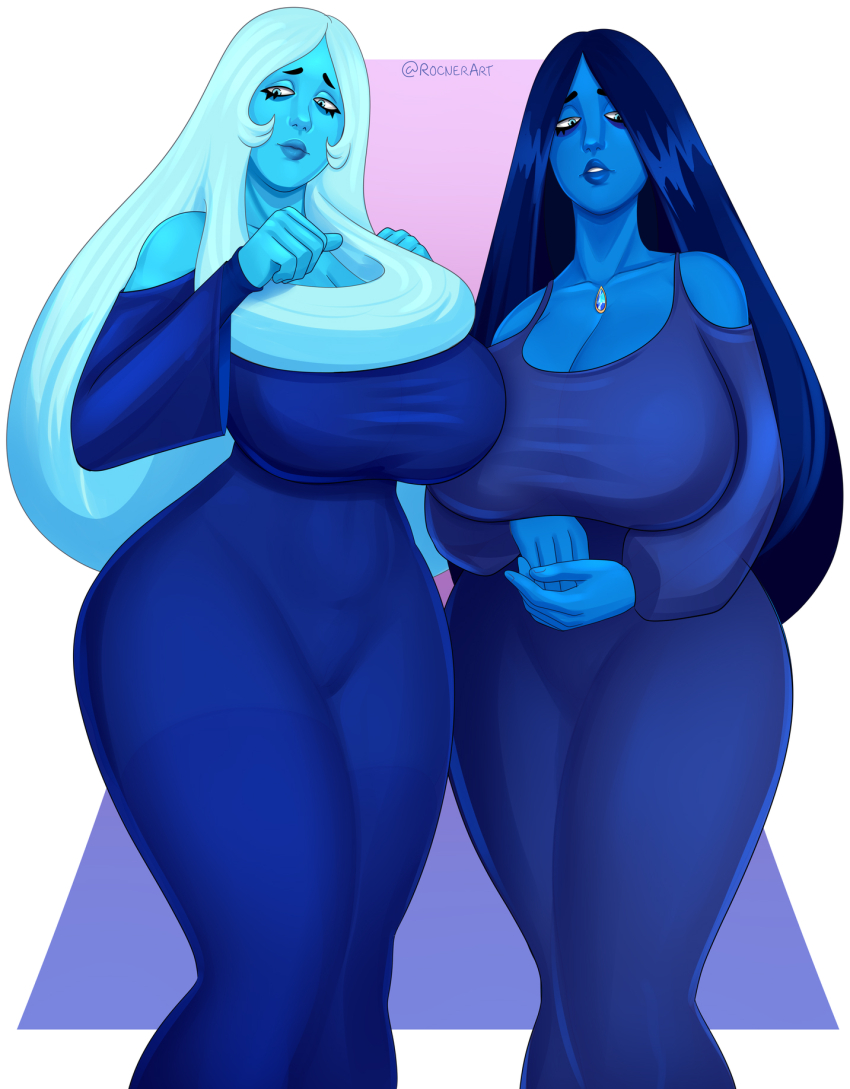 2girls artist_name blue_diamond_(steven_universe) blue_dress blue_eyes blue_hair blue_skin breasts chest_jewel cleavage clothing_cutout colored_skin curvy dark_blue_hair dress female_focus highres huge_breasts light_blue_hair lips long_dress long_hair looking_at_viewer matching_hair/eyes multiple_girls rocner shoulder_cutout steven_universe wide_hips